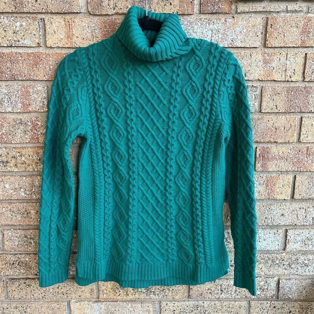 Lands' End Women's XS Green Cable Knit Turtleneck Sweater Pullover